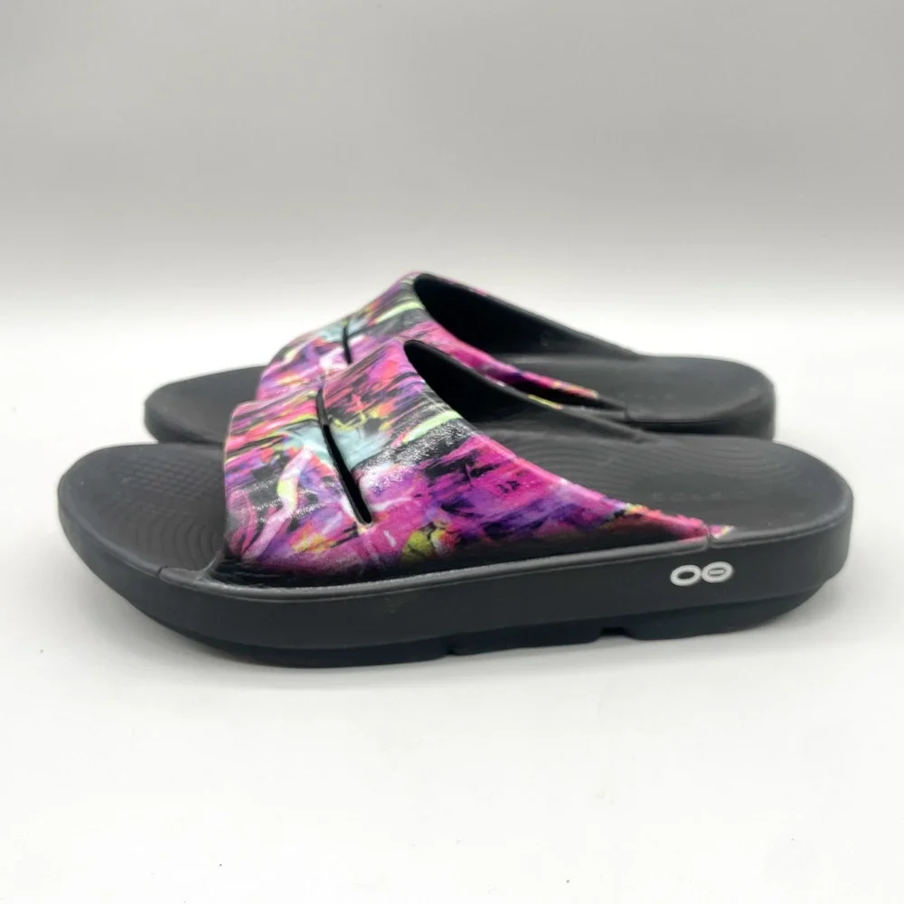 OOFOS Womens 9 OOahh Sport Recovery Slide Sandals Black Pink Nebula Yoga Comfort